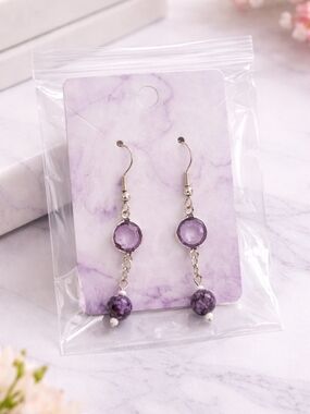 Amethyst-Tone Dangle Earrings with Faceted and Marbled Beads